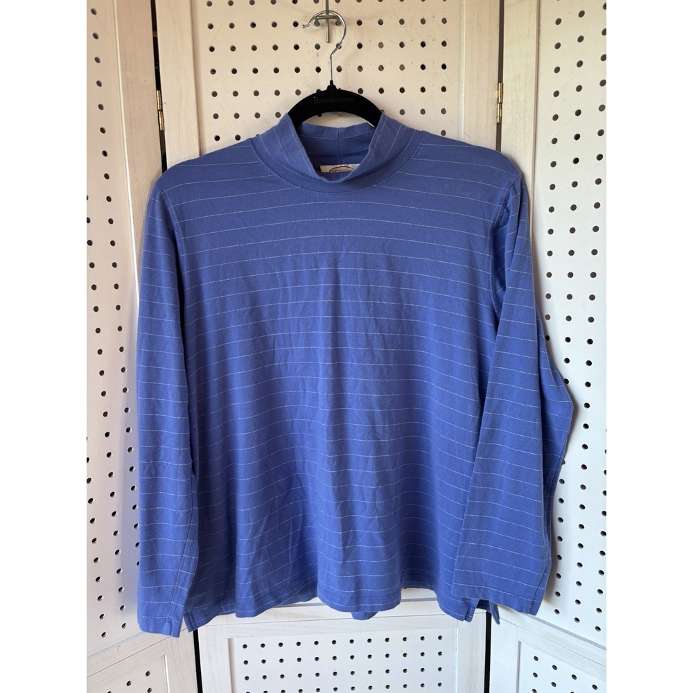 Talbots Blue Silver Striped Mock Turtleneck Shirt LONG SLV Women's X Pima Cotton